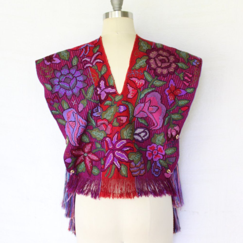 SOLD Vintage Needlepont tassel fringe woven ethnic floal aztec vest poncho - Picture 9 of 10